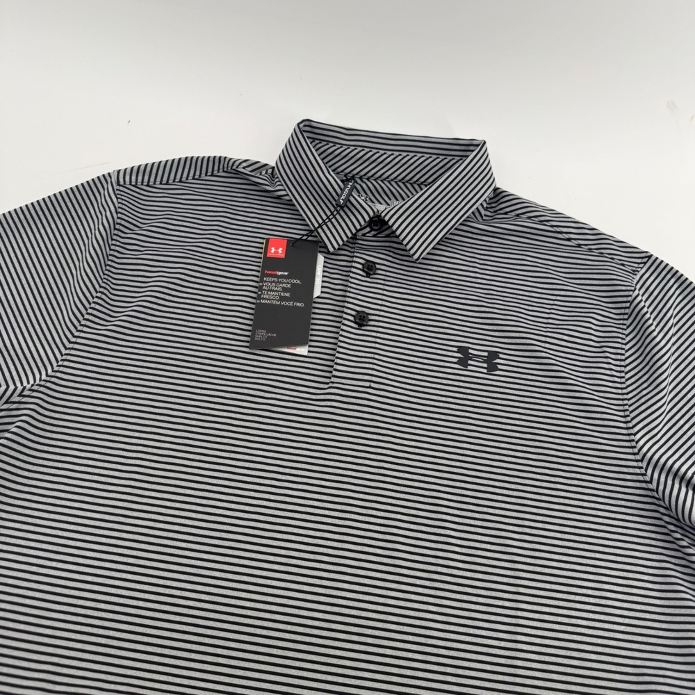 Under Armour HeatGear Golf Polo Shirt Mens Large Grey Black Striped 1291348-001
